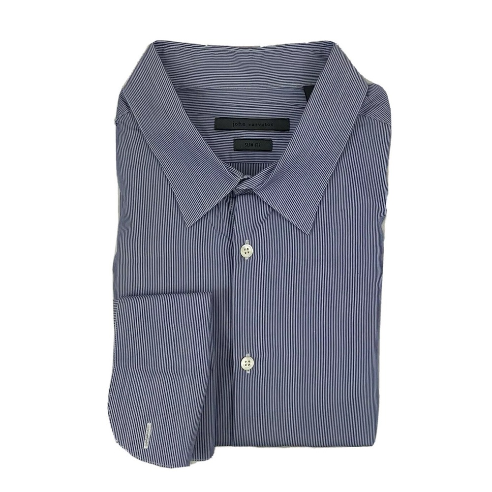 John Varvatos Blue Striped Cotton Mens Slim Fit Dress Shirt 17.5 34